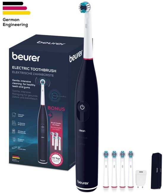 Beurer TB 50 Elektrische Zahnbürste - 3 individuelle Programme: Clean, Sensitive & White - Akkulaufzeit bis zu 45 Tage - Inkl. Aufbewahrungsbox, Ladegerät, Netzteil und 5x Bürstenköpfe - Timer - Im Test gut bewertet - 3 Jahre Garantie