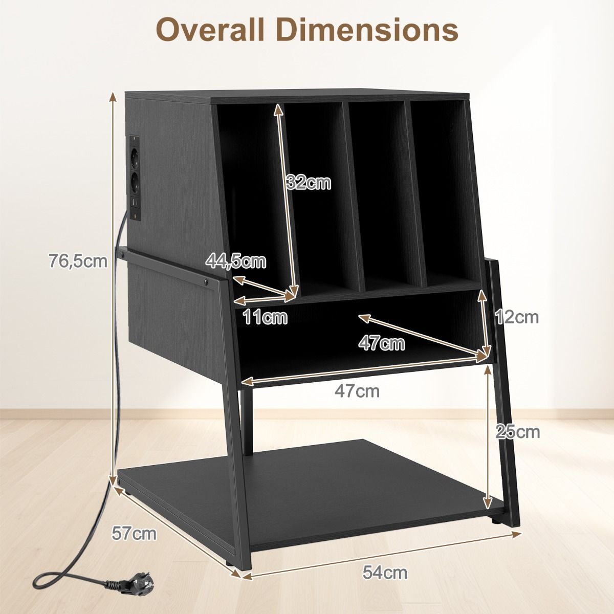 Coast Plattenregal – Aufbewahrungsschrank aus Holz mit Ladestation – Rollen oder verstellbare Füße – schwarz/rustikales Braun – 54 x 57 x 76,5 cm