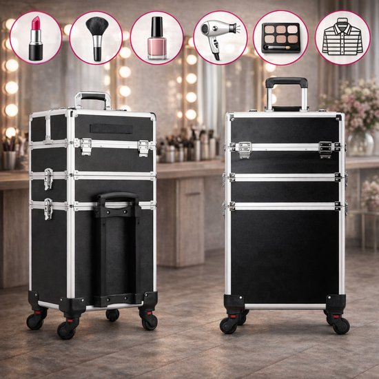 Travli Make Up Trolley - Schminkkoffer - Friseurkoffer - Beautycase - Kosmetikkoffer - 106* 40* 31,5 cm - Schwarz