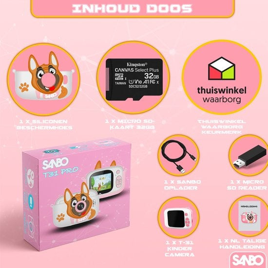 Sanbo T31 Pro Kinderkamera - Rosa / Weiß - Inkl. 32Gb Sd-Karte und Lesegerät - Kamera Kinder - Vlogging - Spielkamera - Digital