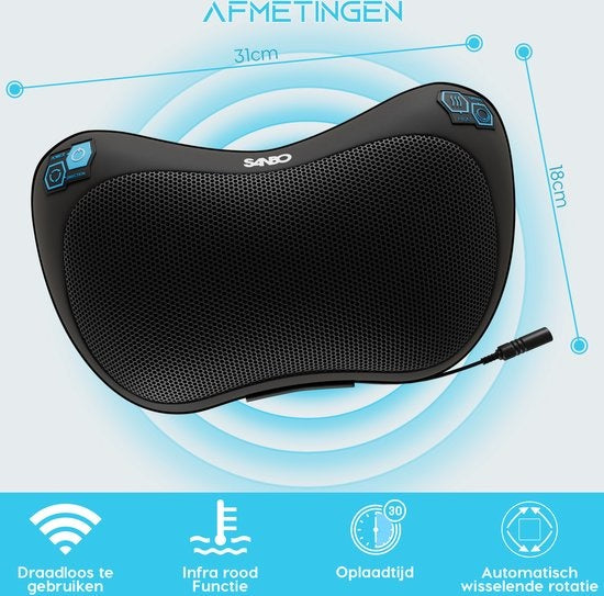 Sanbo Wireless Massage Cushion WL20 - Schwarz - Massagegeräte - Wärmefunktion mit Infrarot - Für Haus und Auto - Shiatsu - Fitness