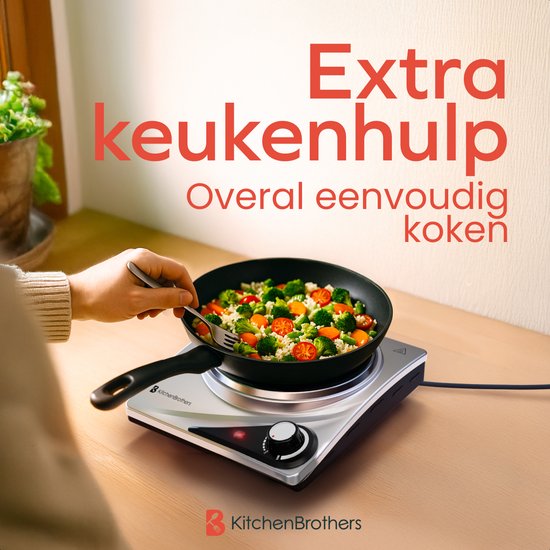 KitchenBrothers Elektrokochfeld - 1 Brenner - Freistehend - 7 Temperaturstufen - 1500W - Edelstahl/Schwarz