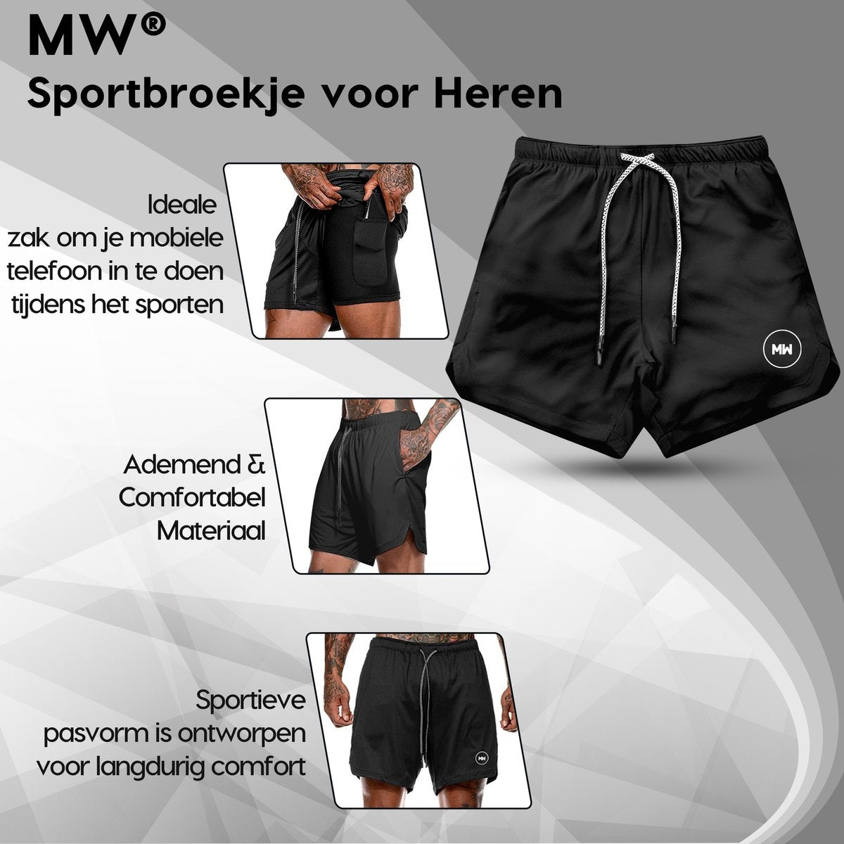 MWÂ® - Sporthosen für Männer - Fitnesshosen - Laufhosen - Sportbekleidung - 2 in 1 Shorts - (Schwarz - L)