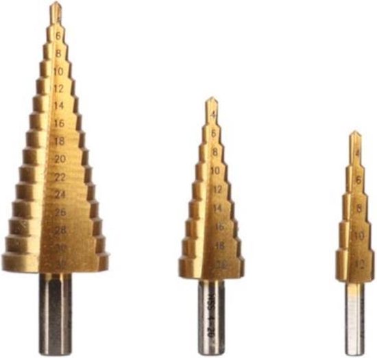 Toolland HSS-Stufenbohrer, für alle Metalle, titanbeschichtet, Satz zu 3 Stück, Größen Ø 4-12/4-20/4-32 mm