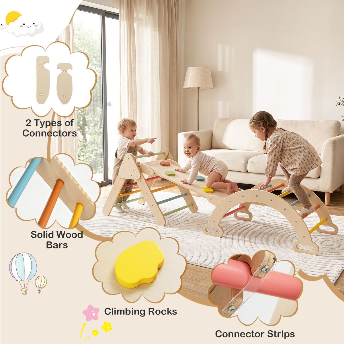 Coast Montessori Klettergerüst aus Holz – 3-in-1-Spielset mit Kletterdreieck, Kletterbogen und Rutsche – farbenfroh