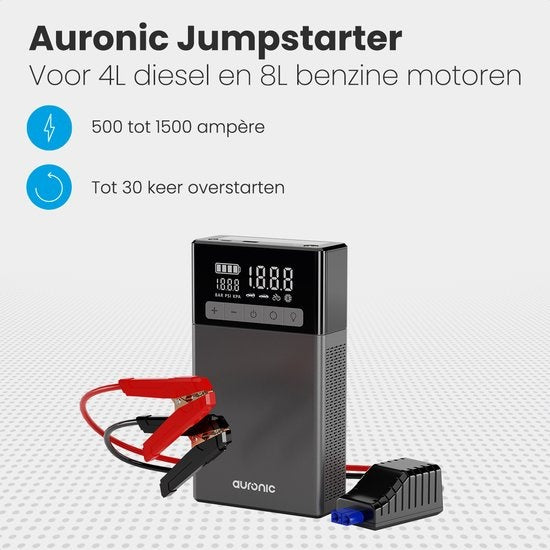 Auronic Jumpstarter - mit Kompressor - 12V - 1500A - 16.000 mAh - 6-in-1 Starthilfe - Inkl. Aufbewahrungstasche & Zubehör - Schwarz/Grau