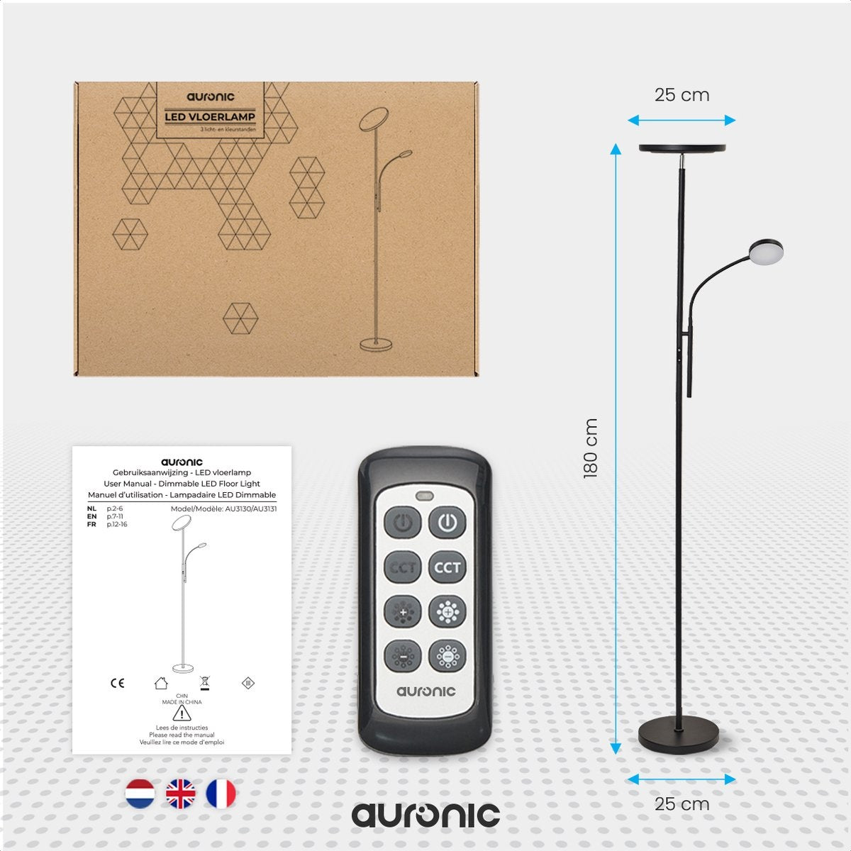 Auronic Stehleuchte - Stehleuchte Industrial - 181cm - LED - Dimmbar und neigbar - mit Fernbedienung - Geeignet für Wohnzimmer - Schwarz
