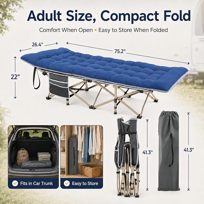 Yaheetech Klappbares Campingbett mit Matratze – 190 x 68 cm – Schwarz – Feldbett mit Tragetasche und Staufächern