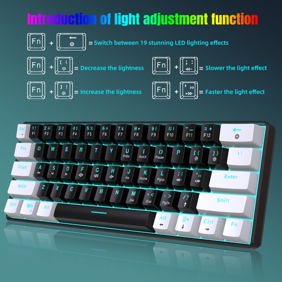 HXSJ V900 - Wired Gaming Keyboard - Mechanisch - RGB - Blauer Schalter - 61 Tasten - QWERTY-Tastaturen - Schwarz weiß