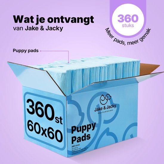 Jake and Jacky Welpentrainingsunterlagen mit Klebestreifen, 360 Stück – Stubenreinheitstraining für Hunde – Hundetoilettenunterlagen – Hundetoilette – Hundetoilettentücher – Welpentücher – Welpenmatten, 60 x 60 cm