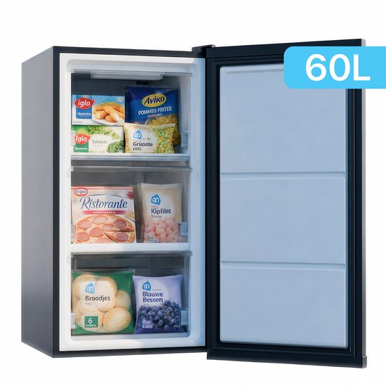 Joula Tischgefriertruhe – freistehend, Mini/klein – 60 Liter – 3 Gefrierschubladen – Schwarz