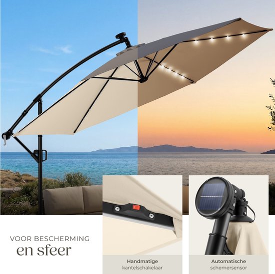 tectake® Schwebeschirm mit Sockel – 3,5 x 3,5 m – Gartenschirm mit solarbetriebener LED-Beleuchtung – schwenkbar – wasserabweisendes Polyester mit UV-Schutz – inklusive Schutzhülle – Beige