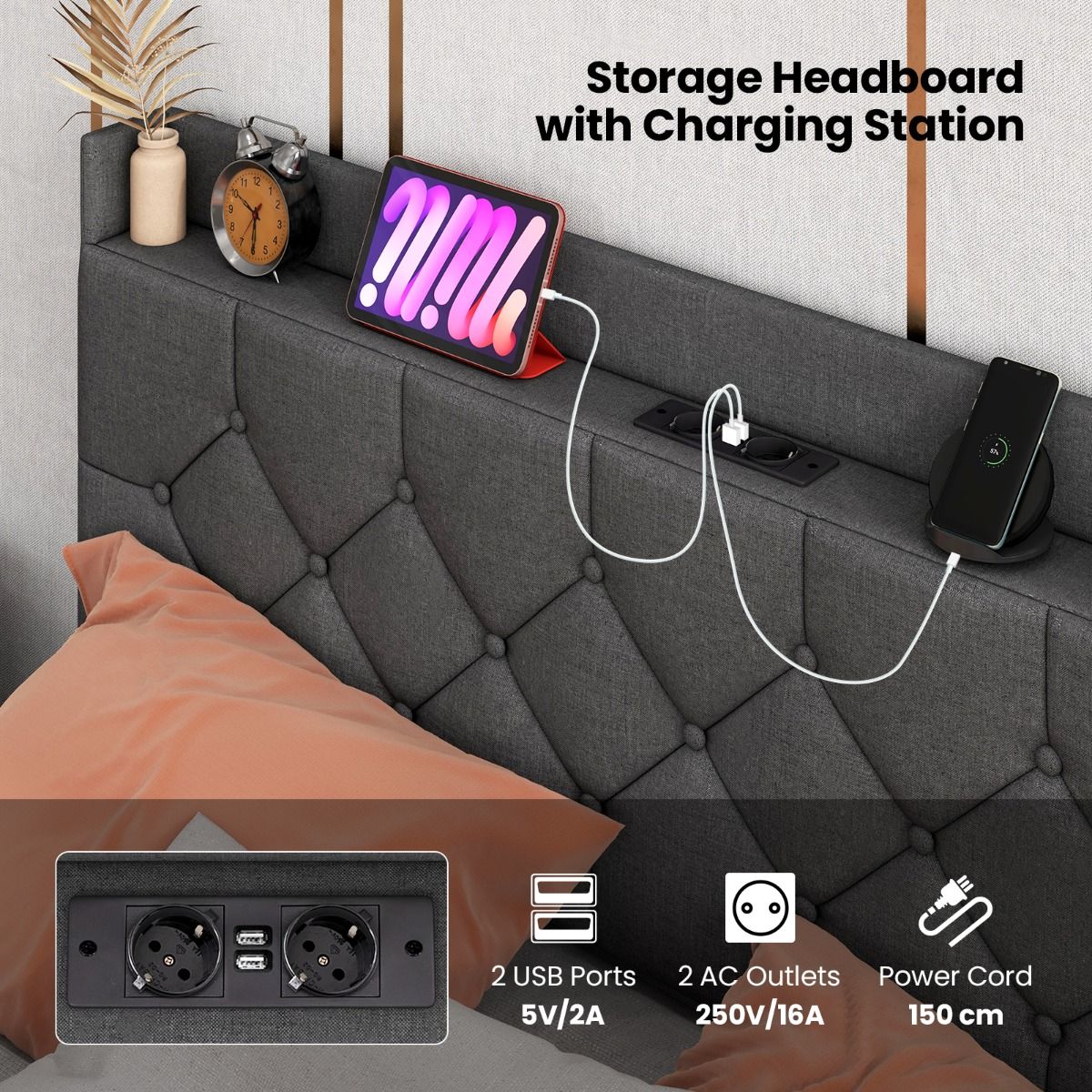 Coast Polster-Hängebett mit LED-Beleuchtung und verstellbarem Kopfteil - 160 x 200 cm - Grau