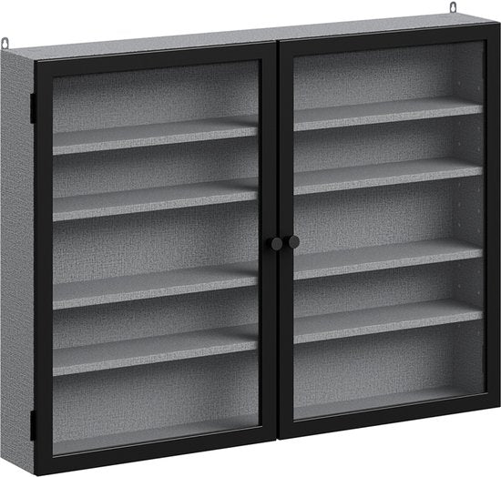 SoBuy Wandvitrine – 4 verstellbare Einlegeböden – Glastüren – 80 x 12,2 x 60 cm – Schwarz/Grau
