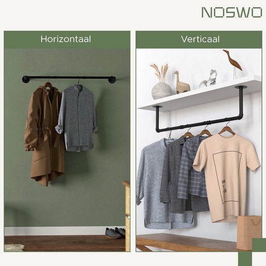 Noswo Wand-Kleiderständer - 2 Stück - Hochwertige Stahl-Kleiderstange - Kleiderständer - Kleiderstange - Kleiderstange - 112 cm - Schwarz