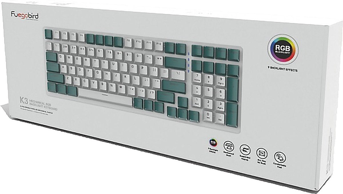 Fuegobird K3 Mechanische Gaming-Tastatur - 100Tasten - Roter Schalter - QWERTY - Mechanische RGB-Hintergrundbeleuchtung - Weiß/Grün