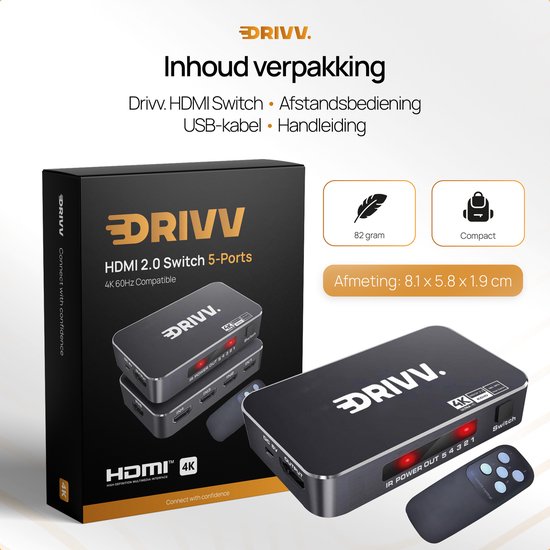 Drivv. HDMI Umschalter 4K 60Hz - 5 Eingänge 1 Ausgang - Inklusive Fernbedienung - Automatische Umschaltung - Unterstützt 720p/1080p/4K/3D - Schwarz