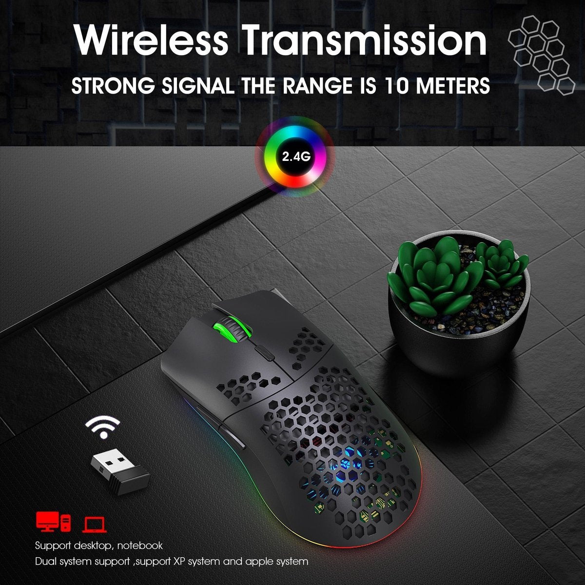 HXSJ T66 2.4G Wireless Gaming Maus - Ultraleicht - RGB Beleuchtung - Schwarz