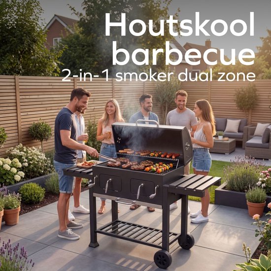 KitchenBrothers Holzkohle-Grill XL – Dual-Zone-Räuchergrill – Mit verstellbaren Kohlerosten und klappbaren Seitentischen – PFAS-frei – Grillfläche 42,3 x 75,8 cm – Schwarz
