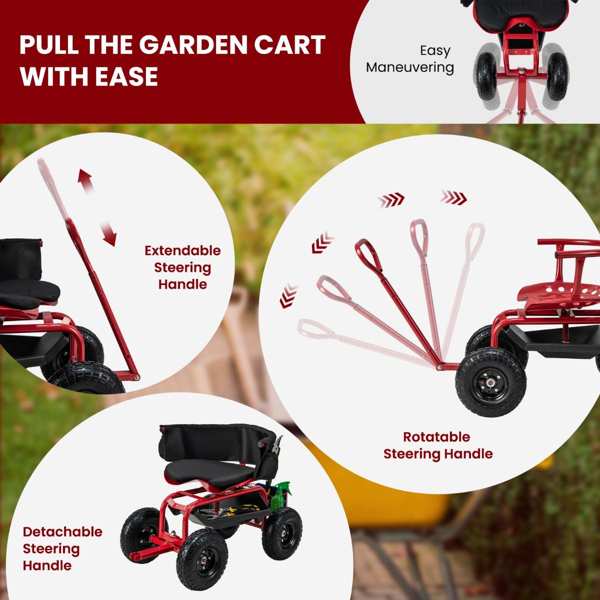 Coast Gartenwagen mit Rollsitz – ausziehbarer Griff – Stauraum – rot