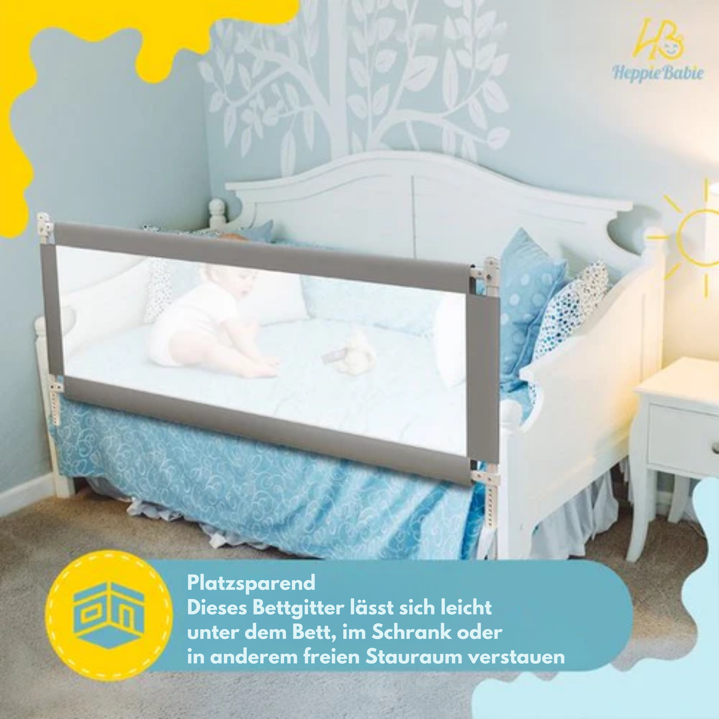 HeppieBabie Bettgitter - Universal - 150 CM - Verstellbar - mit Sicherheitsnetz - Bettgitter - Grau