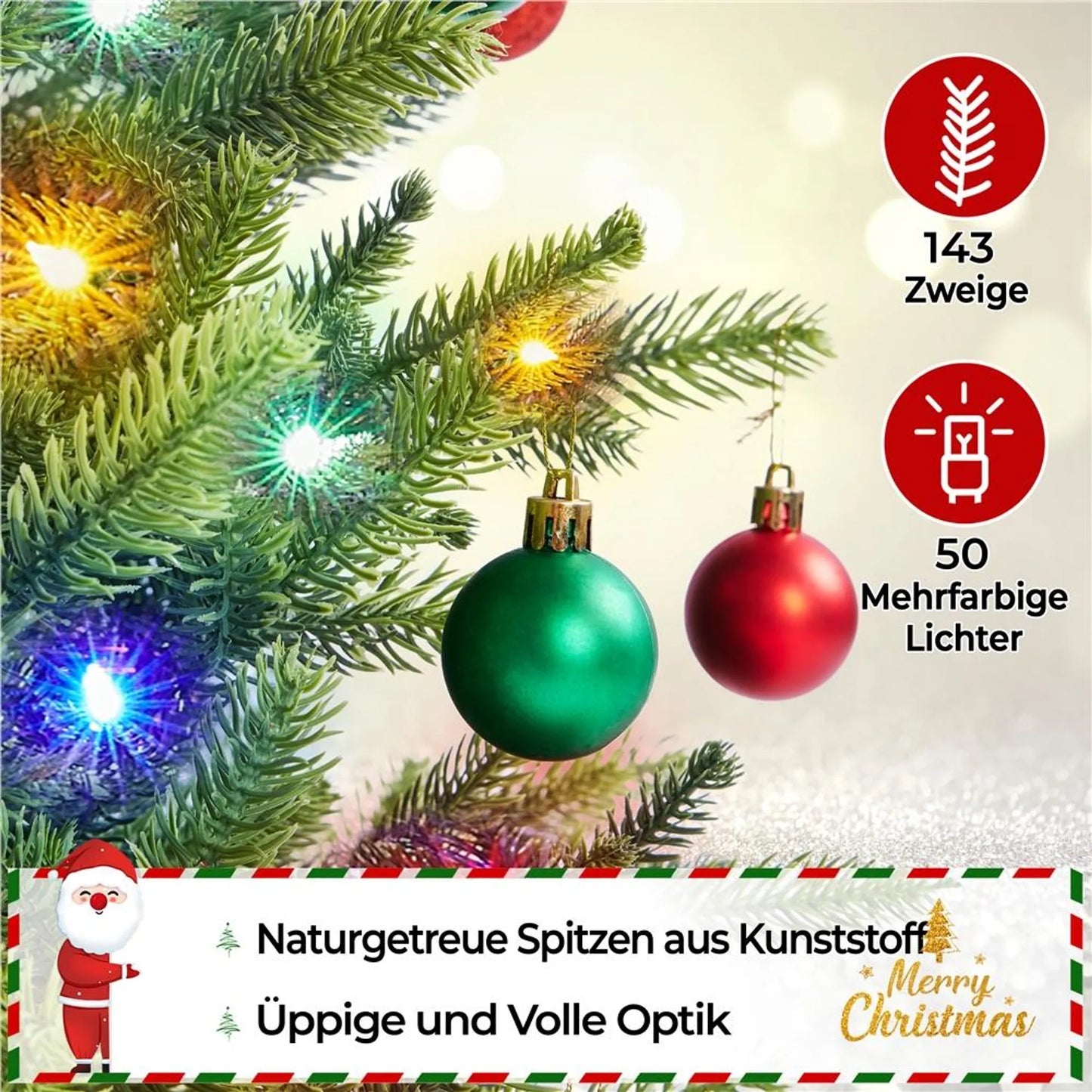 Yaheetech Künstlicher Weihnachtsbaum mit 50 farbigen Led-Lichtern - mit 143 Zweigspitzen und 8 Lichtmodi und Zementsockel - für Fensterbank und Tisch - grünes PVC und Beton - 58 x 58 x 91,5 cm