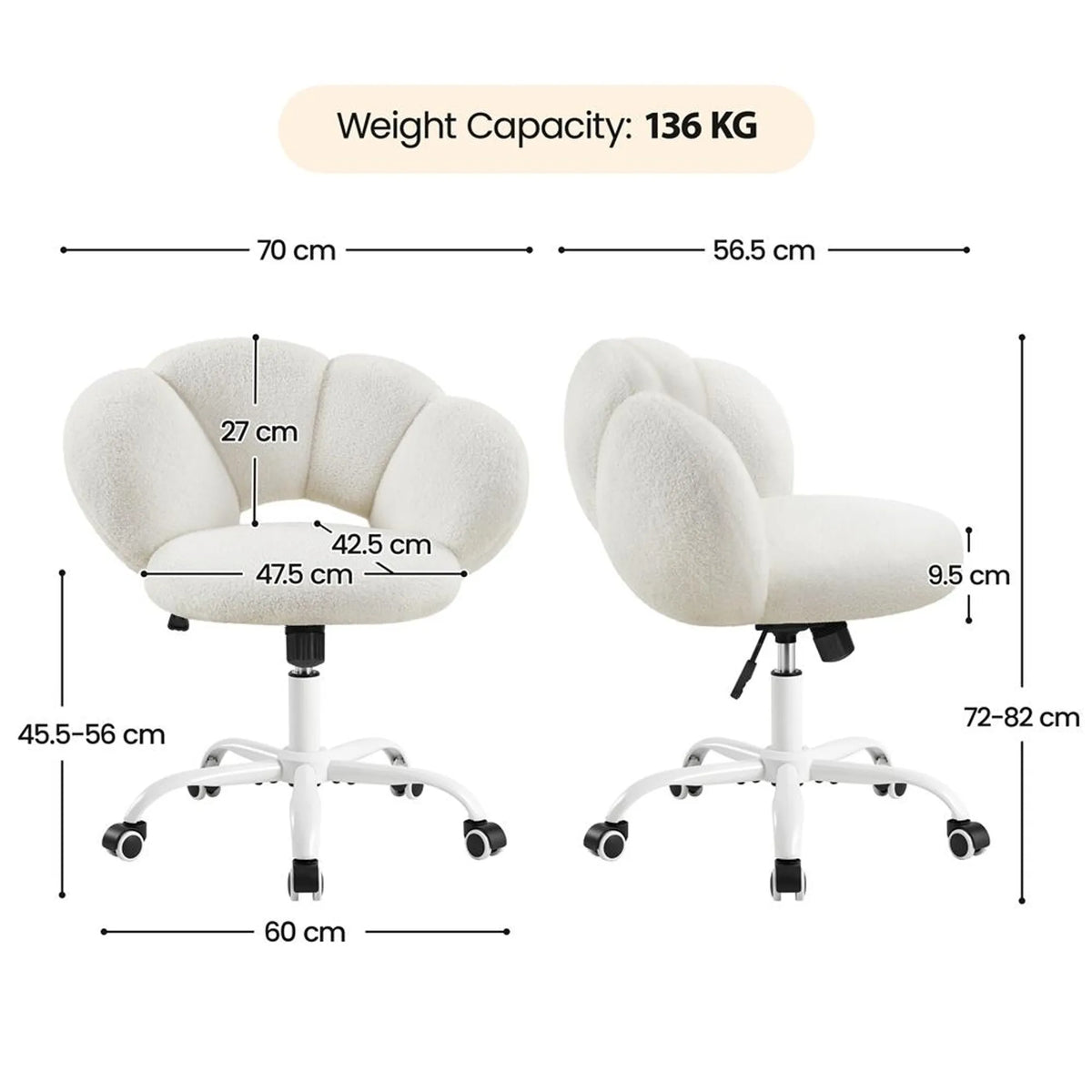 Yaheetech Bürostuhl in Wolkenform – Ergonomisch, Bouclé, 60 × 70 × 72–82 cm – Weiß