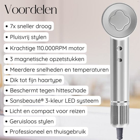 Sansbeauté® Haartrockner mit Diffusor - Locken - 110.000 U/min - Ionen-Haartrockner mit Bürste - 3 Stufen - 3 Aufsätze - Reisehaartrockner - Coolshot - Haartrockner mit Diffusor - Haartrockner - 2000W - EssentiaPRO®