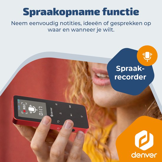 Denver MP3/MP4-Player – Bluetooth – Zufallswiedergabe/Wiederholung – SD-Karte bis zu 128 GB – inkl. Ohrhörer – Diktiergerät – MP1830R – Rot