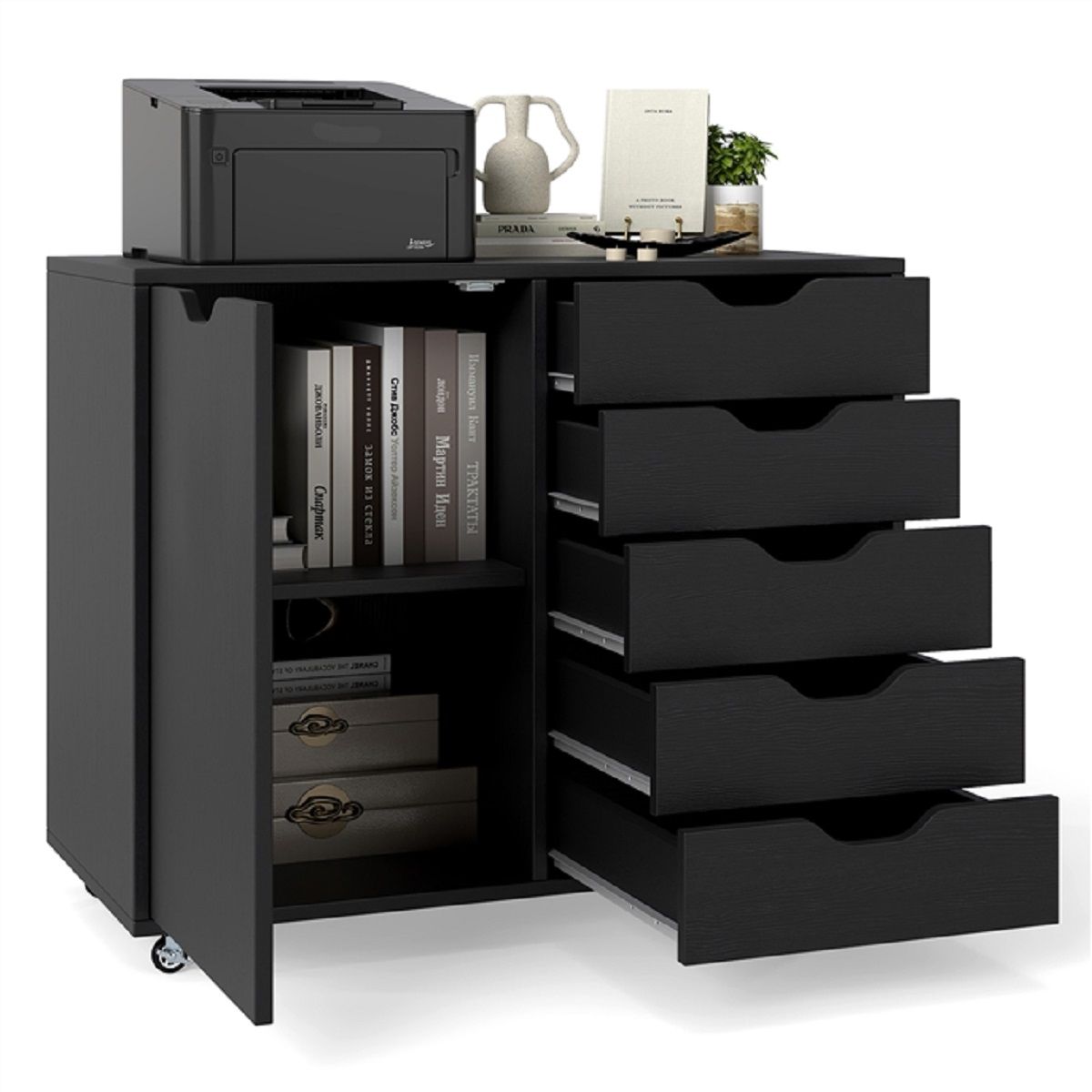 Coast Rollcontainer mit 5 Schubladen – Türschrank – Arbeitsplatte – Schwarz – 79 x 39 x 65 cm