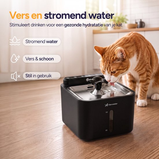Viervoeter® Kabelloser Trinkbrunnen aus Edelstahl – Sensor-Trinkbrunnen für Katzen und Hunde – Inklusive 3 Filtern – 3,2 l – 30 Tage Batterielaufzeit – Flüsterleise