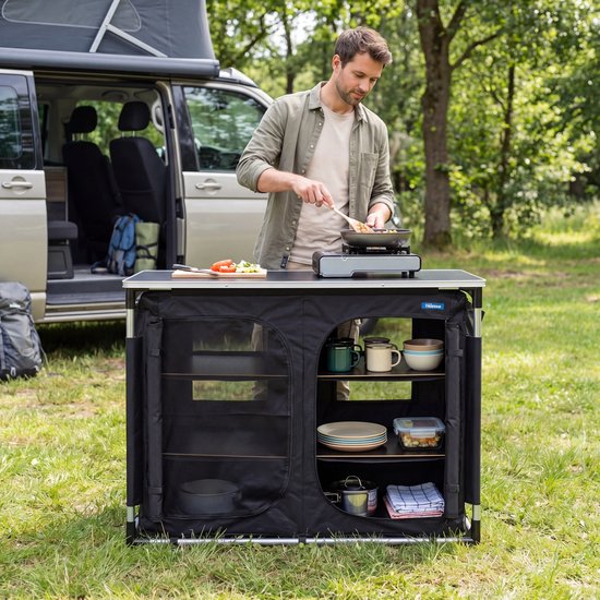 Outdoor-Campingküche – Campingschrank – Außenküche – 6 Fächer – Aluminiumrahmen – verstellbare Beine – grau – Tristar KI-0769