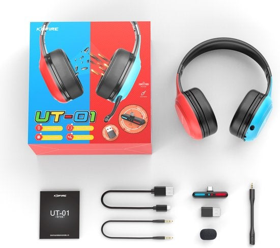 Kofire UT-01 2.4GHz Wireless Gaming Headset - Bluetooth Over-Ear Kopfhörer mit Mikrofon - Multi-Plattform - Rot blau