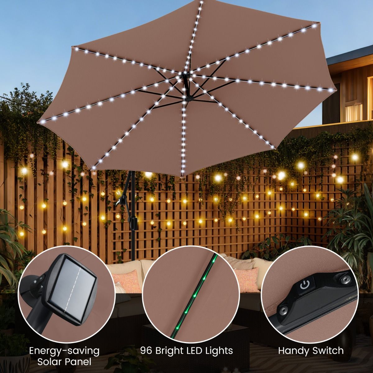 Coast Schwebeparasol mit LED-Beleuchtung – 9 Leuchtmodi – mit Sandsäcken und Pendel – braun – 300 x 260 cm
