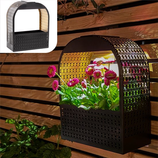 Gadgy Solar-Wandleuchte mit abnehmbarem Blumenkasten – Solarbetriebene Gartenbeleuchtung – Warmweißes LED-Licht – 30 x 25 cm – Schwarzes Metall