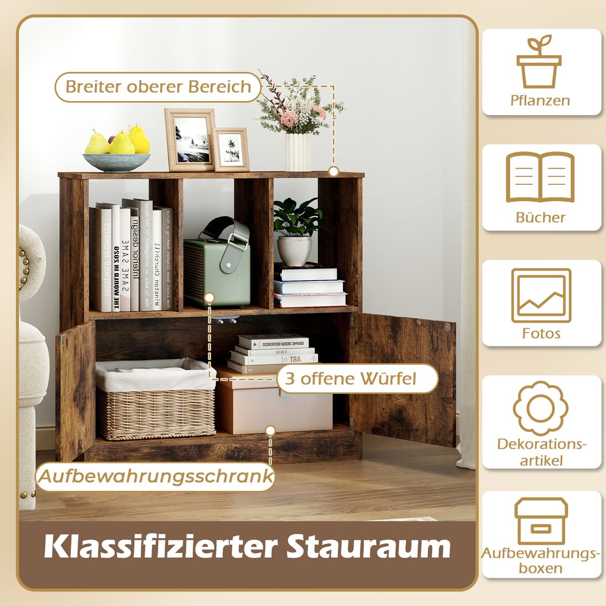Coast Bücherregal mit 3 offenen Fächern und 2 Türen – modernes Design – braun – 70 x 30 x 70 cm