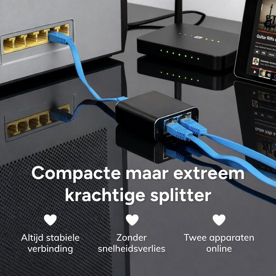 Skoov Internet Splitter 1 in 2 out - Netzwerk Switch mit 2 Ports - 1000Mbps - RJ45, Cat5, Cat6, LAN, UTP, Ethernet Splitter - Adapter - Schwarz