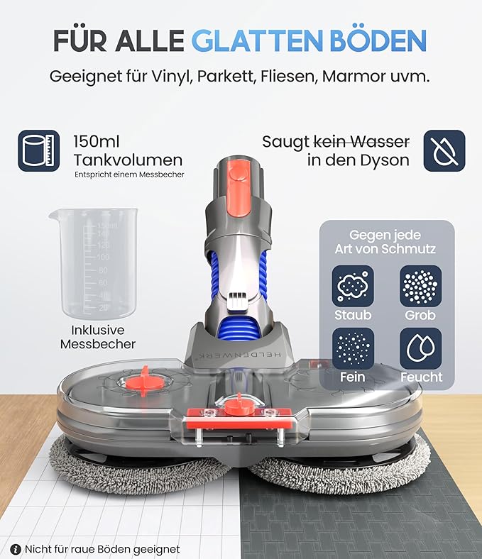 HELDENWERK Moppaufsatz für Dyson V6 Staubsauger, Dyson Zubehör, Moppaufsatz, elektrischer Bodenwischer mit Wassertank, Nachfüllbehälter und 8 waschbaren Mopps