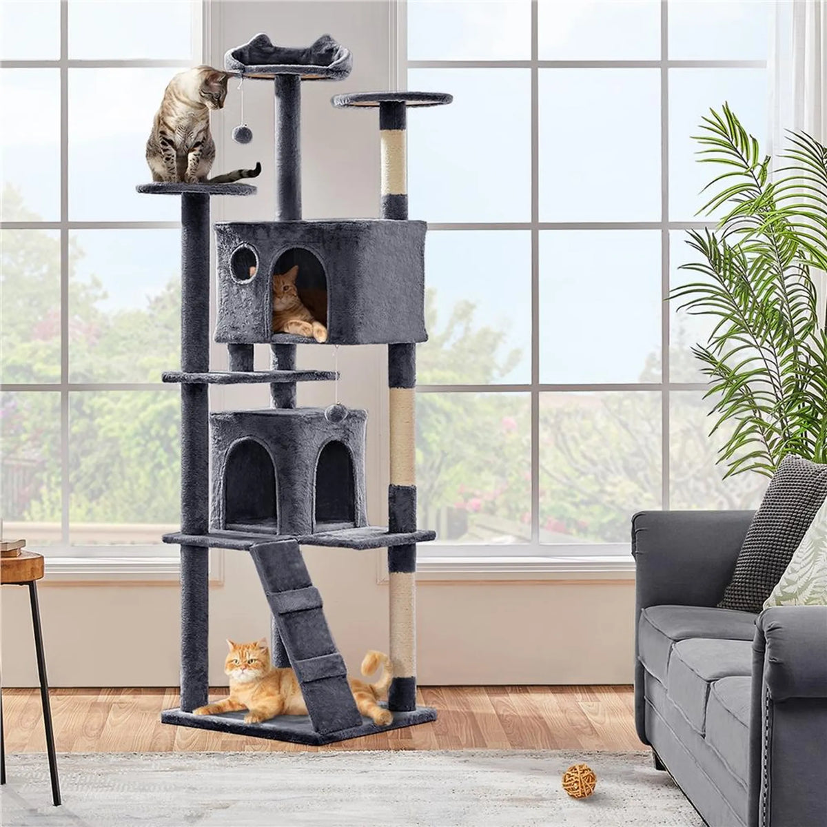 Yaheetech Katzenpfosten XXL mit zwei Katzenkörben - ausgestattet mit Kletterrampe und Katzenohr-Liege und hängenden Spielbällen - für Haushalte mit mehreren Katzen - dunkelgrauer Plüsch und Sisal - 59,5 x 55 x 202,5 cm
