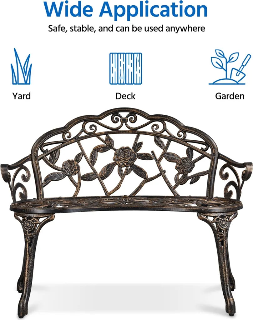Yaheetech Gartenbank 99,5 x 57 x 78,5 cm – Bronze – Vintage-Gartenbank aus Metall mit Rosenmuster