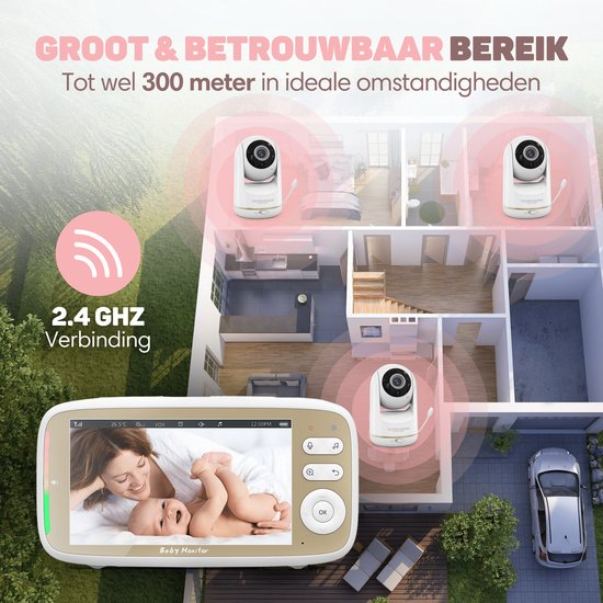 Vulpes Goods® Babycare Babyphone mit Kamera - Mit VOX - 5-Zoll- FULL HD Bildschirm - Fernbedienbar - Nachtsicht - PRO Version - Weiß