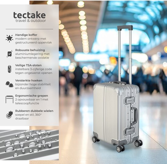 tectake® Aluminium-Handgepäckkoffer – 36 Liter – Doppeltes 3-stelliges TSA-Zahlenschloss – 53 cm – Handgepäck-Trolley – Reisekoffer mit Rollen