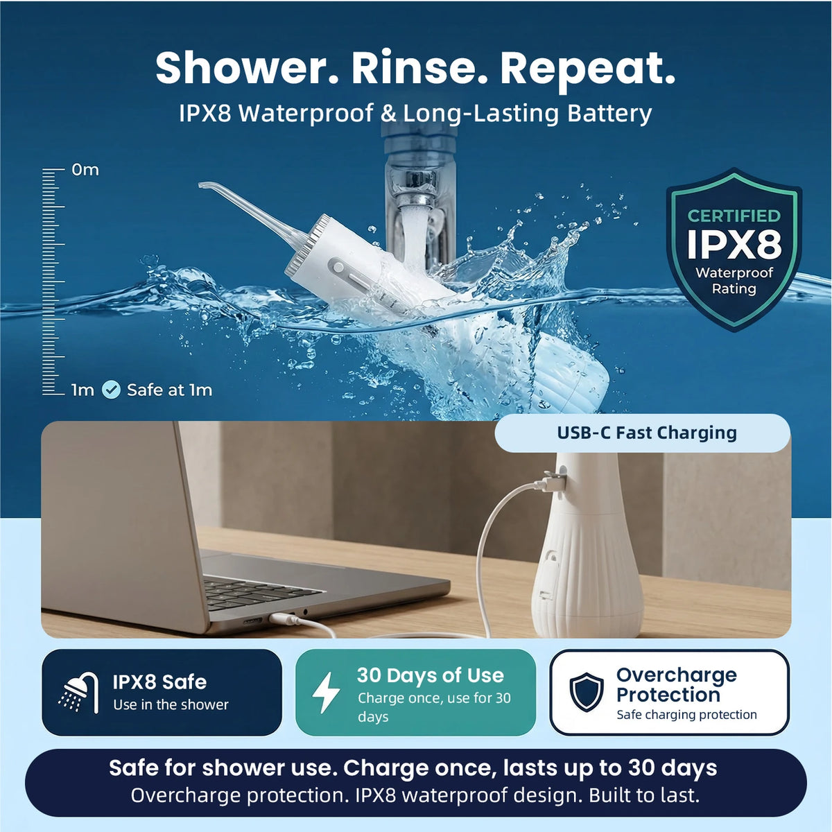 Bair Care Wasserzahnbürste M11 – Weiß – UV-Sterilisation – 360 ml Tank – 4 Einstellungen – 3 Aufsätze – IPX8 – USB-C