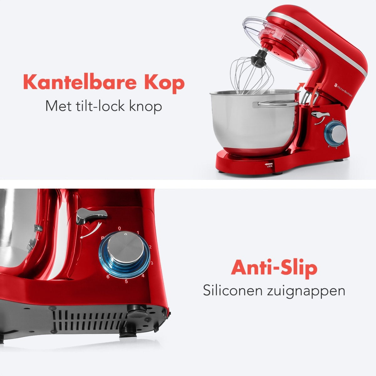 KitchenBrothers Küchenmaschine - Küchenmixer mit 6L-Edelstahl-Mixschüssel - Küchenroboter - 1400W - Rot