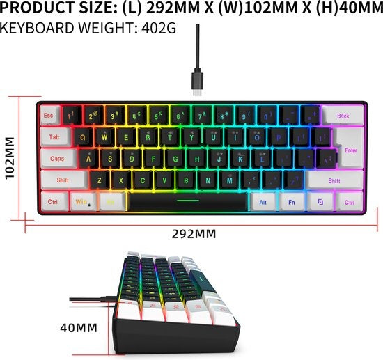 HXSJ V700 RGB Kompakte Gaming-Tastatur Qwerty 61 Tasten Backlight-Effekt Schwarz/Weiß