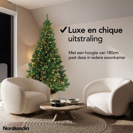 Nordlandia Künstlicher Weihnachtsbaum mit LED-Lichtern - 180 cm - Metallständer - Grün