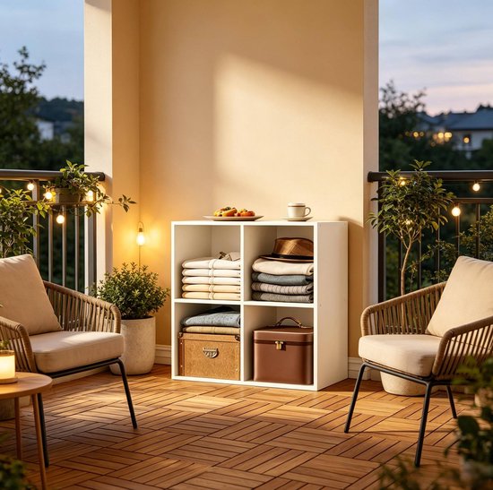 FloraGrace Bücherregal – Offenes Regal mit 4 Fächern – 59,6 x 59,8 x 29,5 cm – Holz – Weiß – Standregal für Wohnzimmer oder Büro