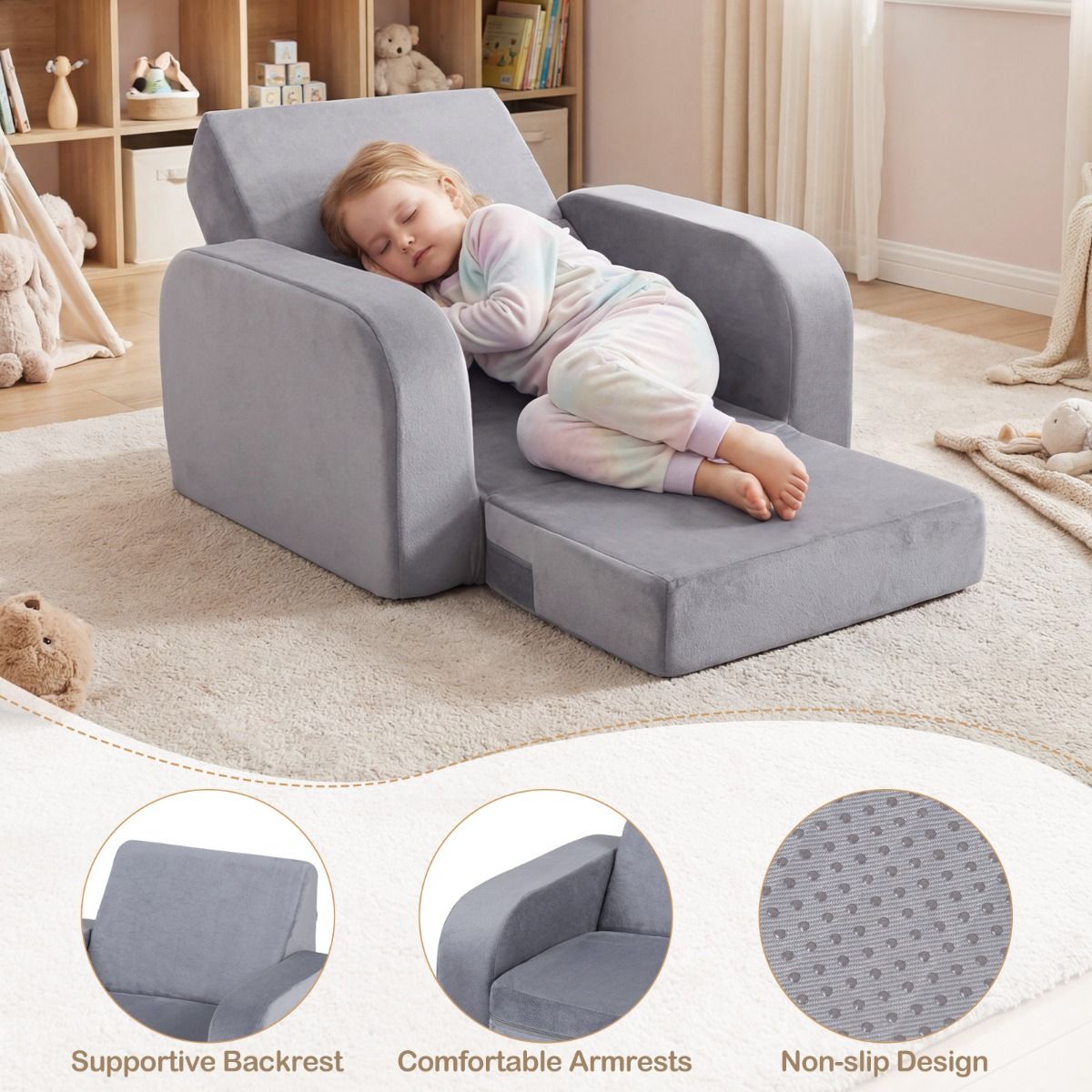 Coast Klappbare Kinderbank – 3-in-1-Kinderbank, Loungesessel und Kinderbett – Ultraweiches Kristallvelours – Grau