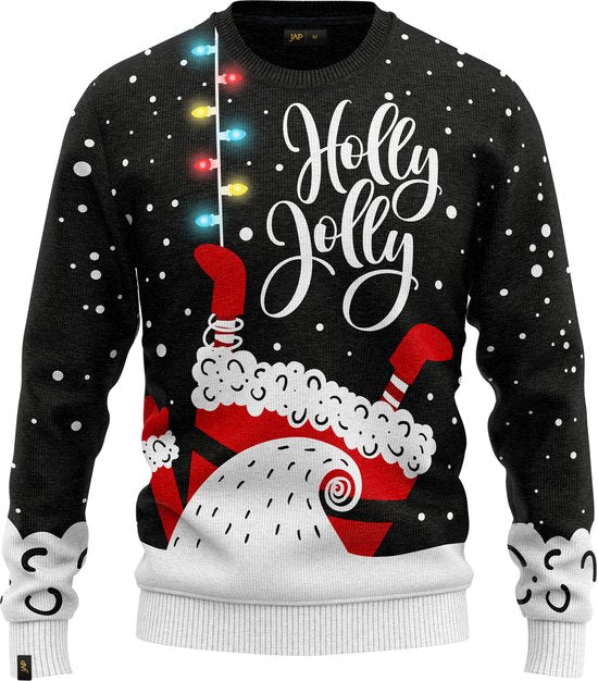 JAP Christmas Weihnachtspullover mit Lichtern (Größe XL) – 100 % recycelt – kratzt nicht – Weihnachtsgeschenk für Erwachsene – Kitschiger Weihnachtspullover für Damen und Herren – Holly Jolly – Schwarz