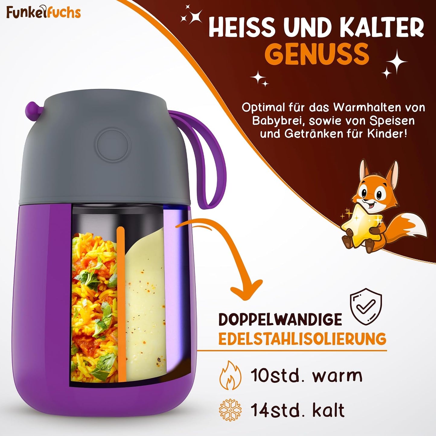 Funkelfuchs® Babykost Thermobecher - 500ml, lila Prinzessin - 100% auslaufsicher - Edelstahl Thermobecher - Thermobecher - Thermolunchbox - Babynahrung